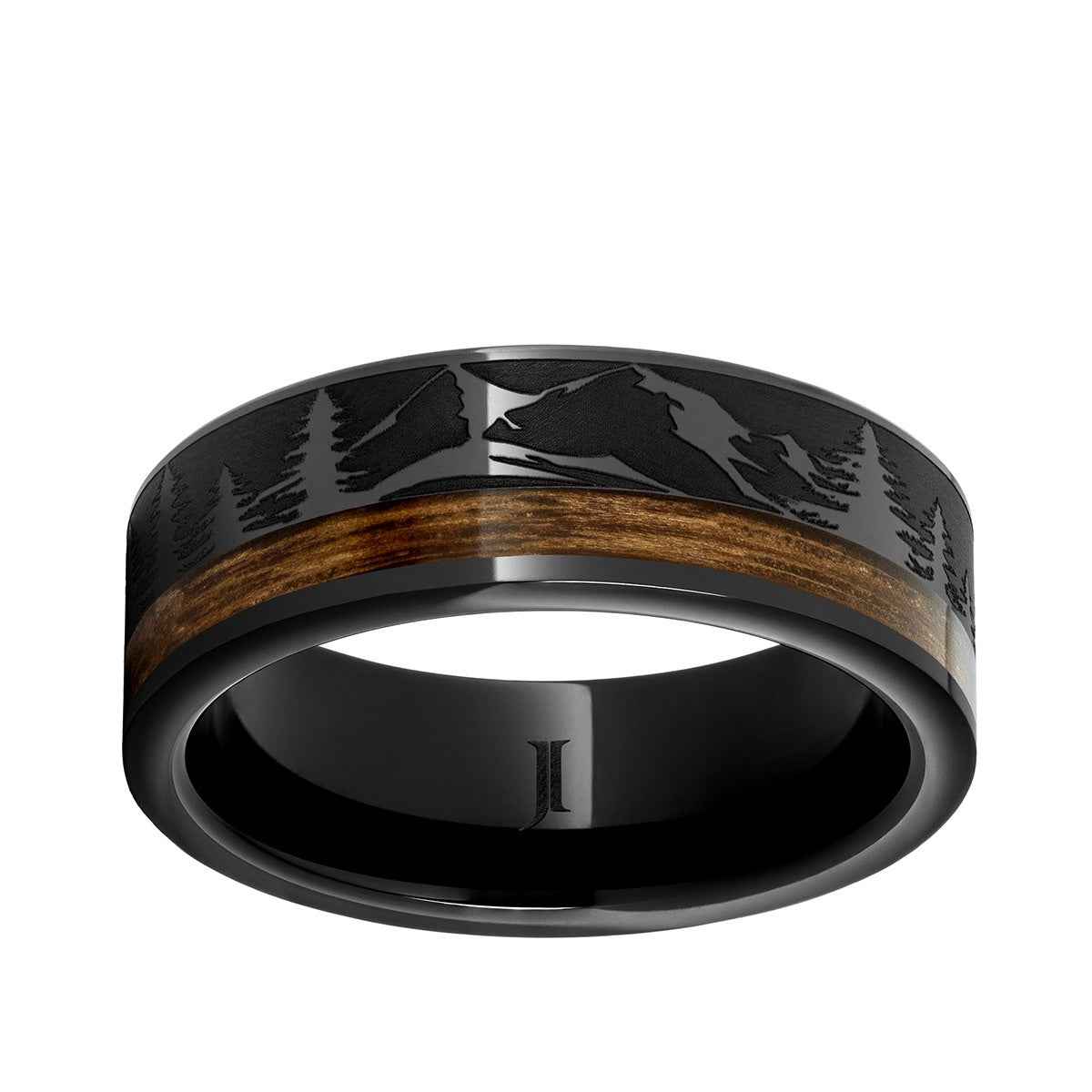 Men's Wood Inlay Mountain Engraved Wedding Ring in Black Ceramic