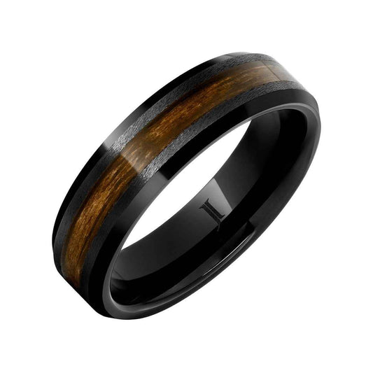 Men's Oak Bourbon Wood Inlay Grain Finish Wedding Ring in Black Ceramic front view