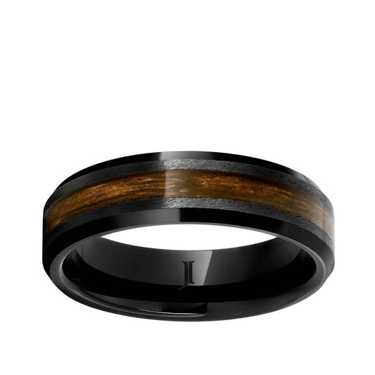 Men's Oak Bourbon Wood Inlay Grain Finish Wedding Ring in Black Ceramic
