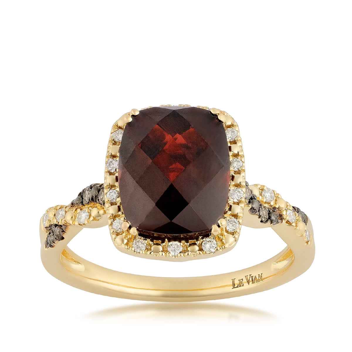 Le Vian Cushion Garnet & 1/7 ct. tw. Chocolate & Nude Diamond Halo Ring in 14K Honey Gold