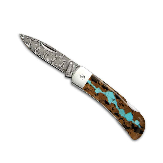 Santa Fe Stoneworks Damascus Steel 3-inch Lockback Vein Turquoise Pocket Knife