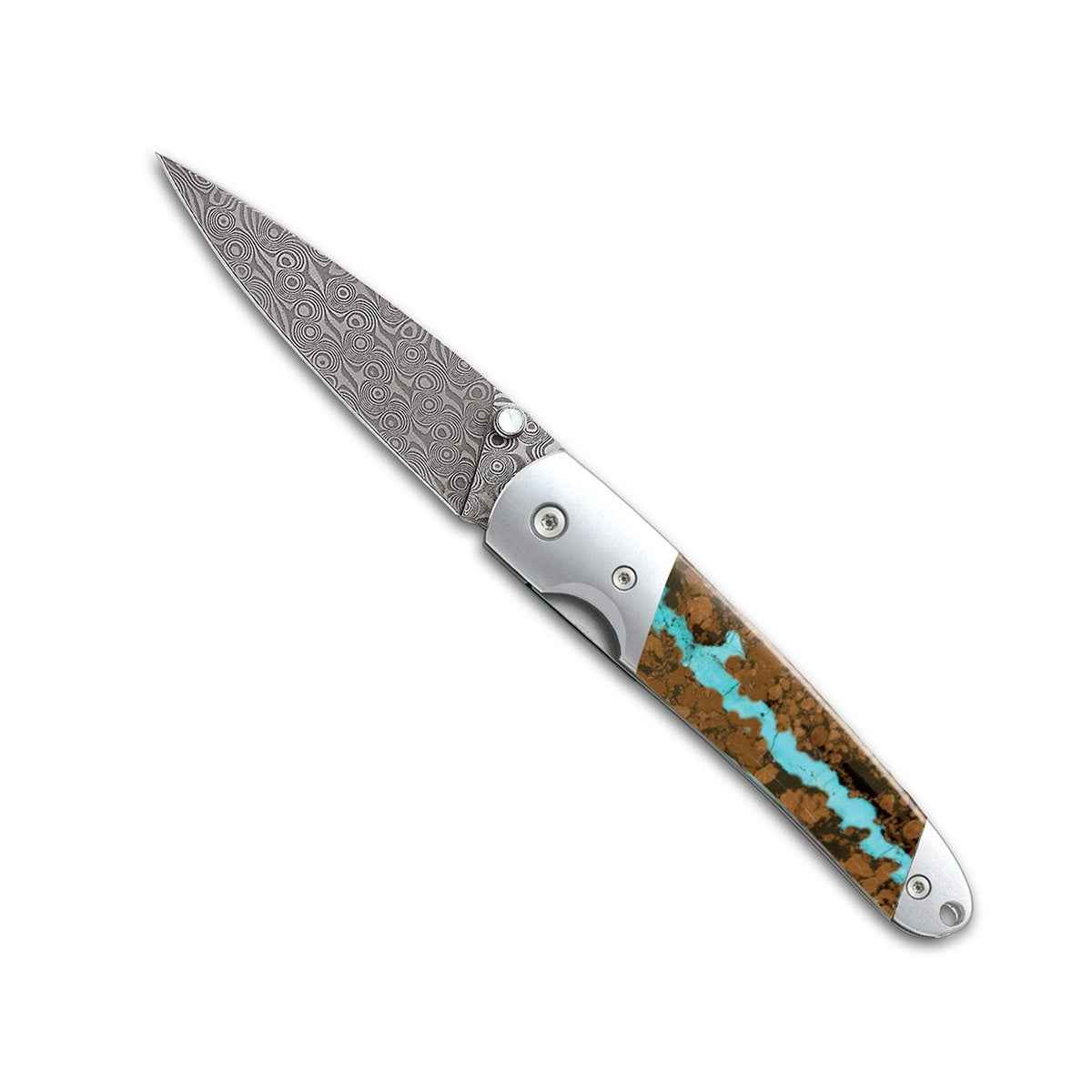 Santa Fe Stoneworks Damascus Steel 4-inch Liner Lock Vein Turquoise Pocket Knife