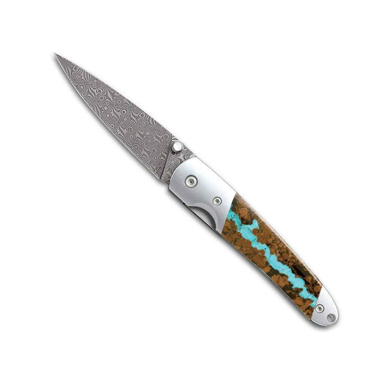 Santa Fe Stoneworks Damascus Steel 4-inch Liner Lock Vein Turquoise Pocket Knife