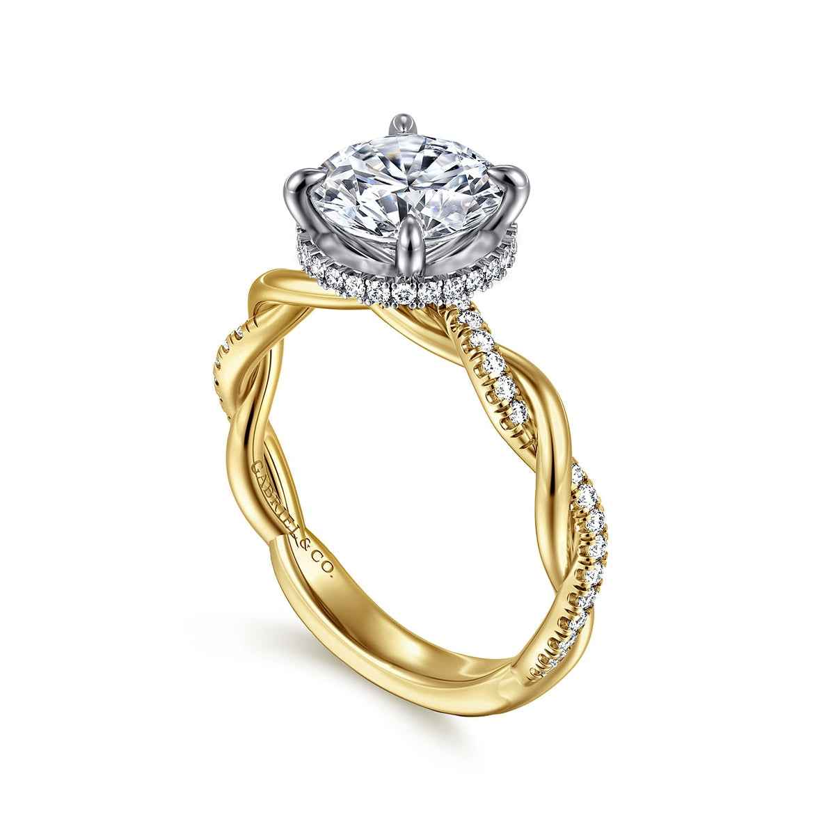 Gabriel & Co. 1/4 ct. tw. Diamond Hidden Halo Twist Round Semi-Mount Engagement Ring in 14K Yellow Gold front view