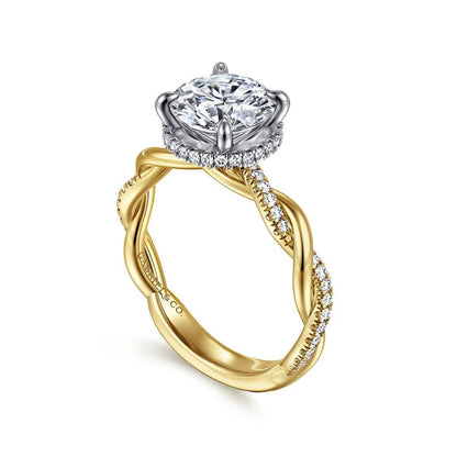 Gabriel & Co. 1/4 ct. tw. Diamond Hidden Halo Twist Round Semi-Mount Engagement Ring in 14K Yellow Gold front view