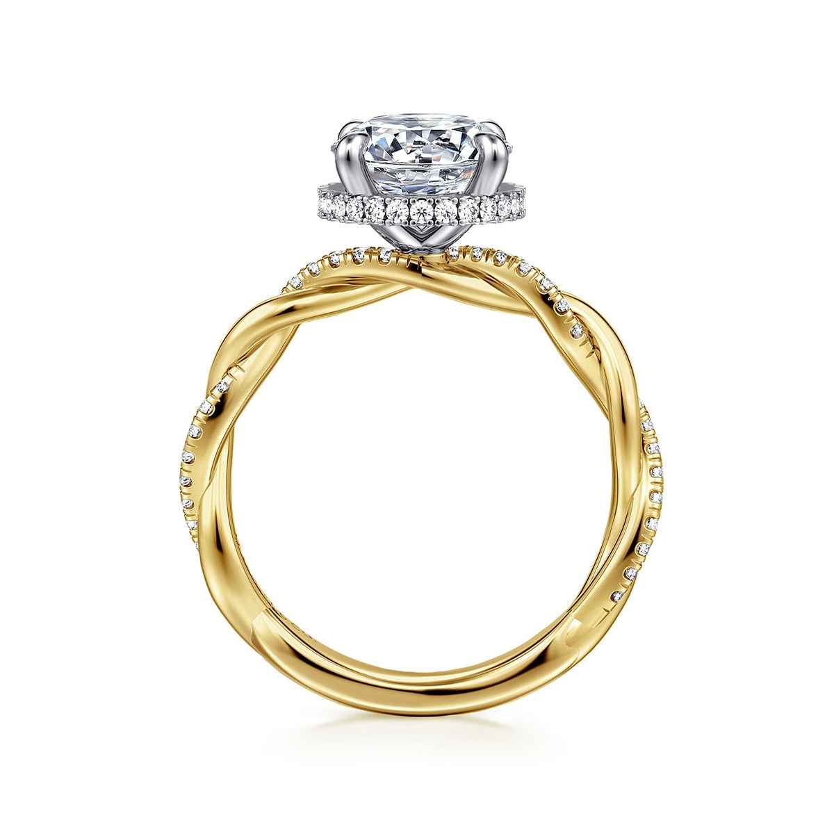 Gabriel & Co. 1/4 ct. tw. Diamond Hidden Halo Twist Round Semi-Mount Engagement Ring in 14K Yellow Gold close-up detail