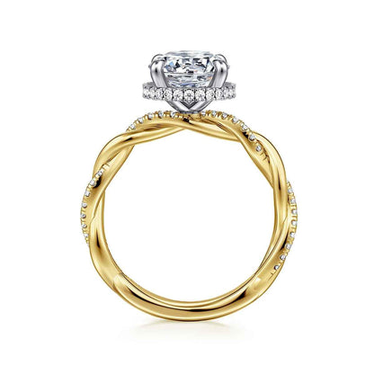 Gabriel & Co. 1/4 ct. tw. Diamond Hidden Halo Twist Round Semi-Mount Engagement Ring in 14K Yellow Gold close-up detail