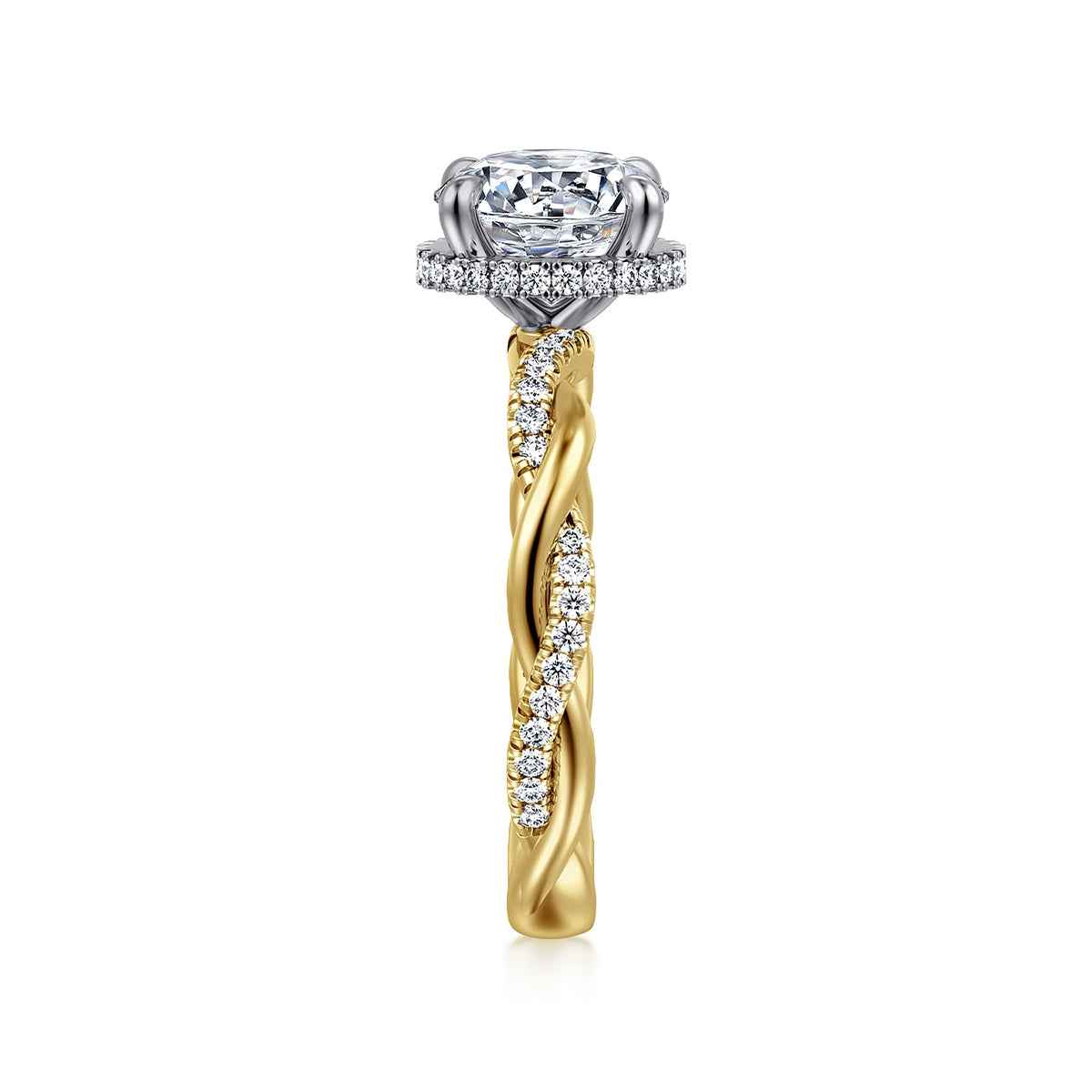 Gabriel & Co. 1/4 ct. tw. Diamond Hidden Halo Twist Round Semi-Mount Engagement Ring in 14K Yellow Gold side profile