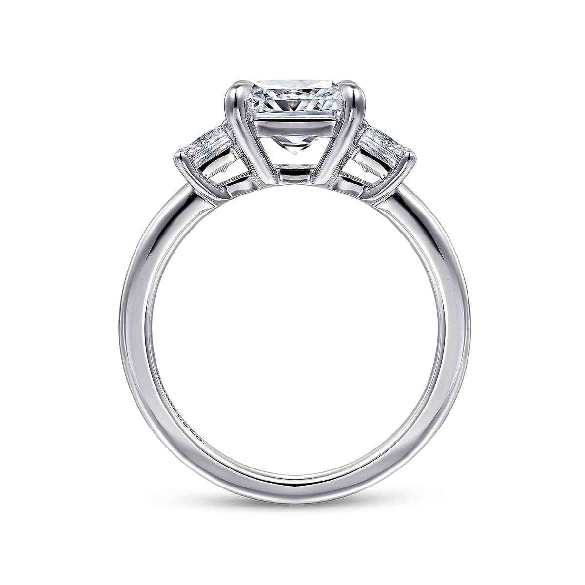Gabriel & Co. 1/2 ct. tw. Princess Cut 3-Stone Diamond Semi-Mount Engagement Ring in 14K White Gold close-up detail