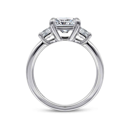 Gabriel & Co. 1/2 ct. tw. Princess Cut 3-Stone Diamond Semi-Mount Engagement Ring in 14K White Gold close-up detail