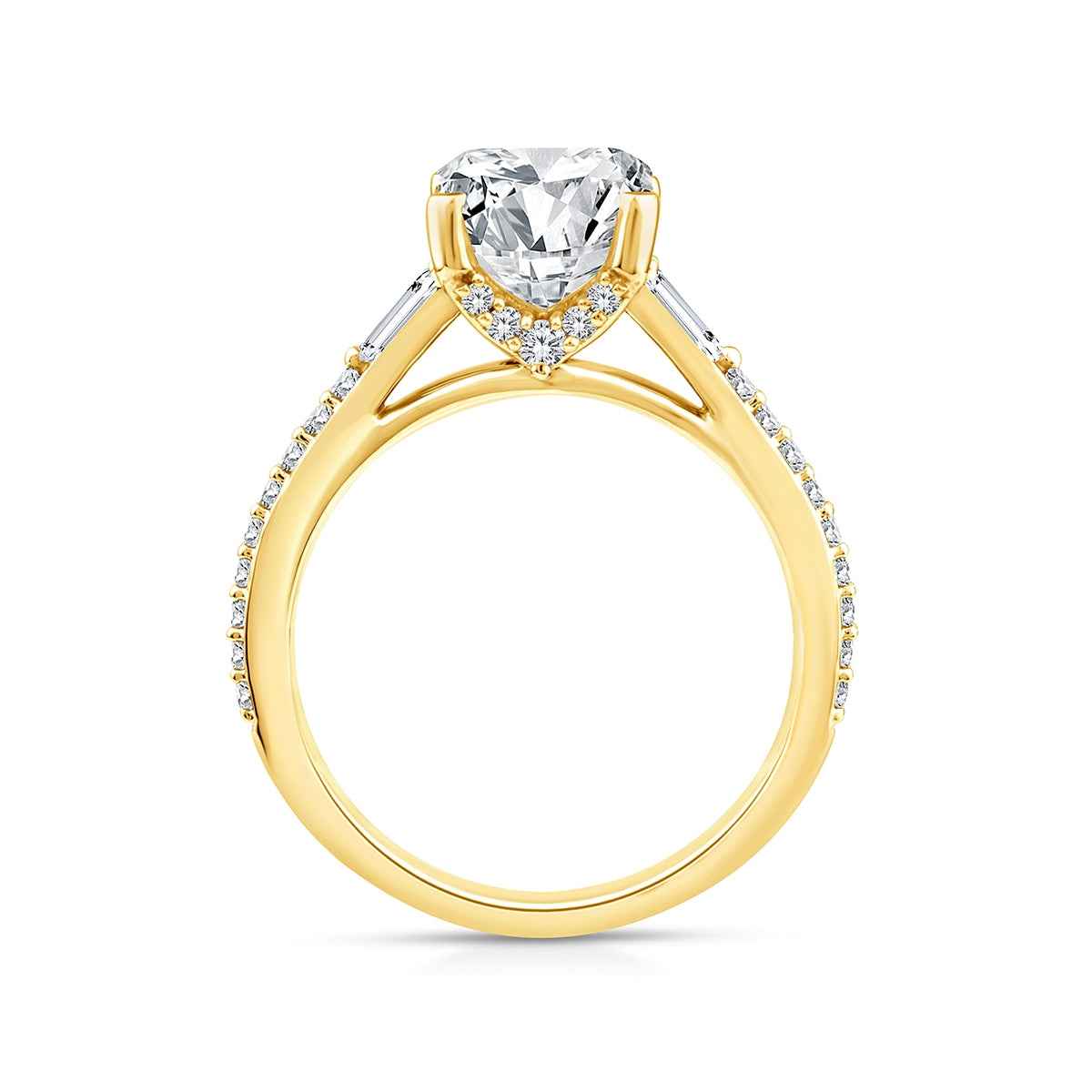 Above Love Star 3-7/8 ct. tw. Lab-Grown Radiant Cut & Baguette Diamond Engagement Ring in 18K Yellow Gold close-up detail