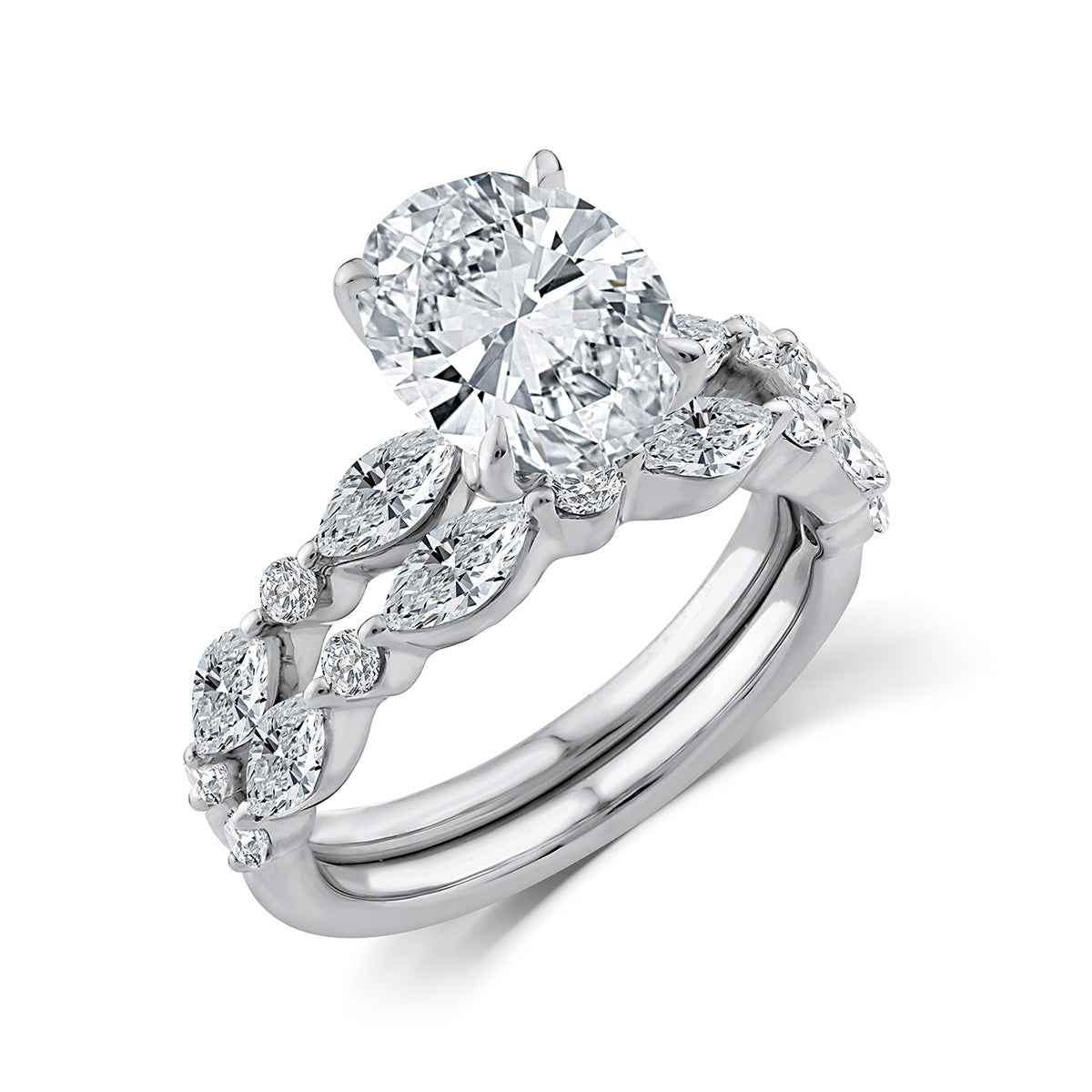 Above Love Star 4 ct. tw. Lab-Grown Oval & Marquise Diamond Wedding Set in 18K White Gold front view