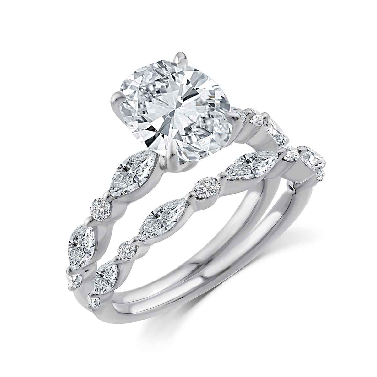 Above Love Star 4 ct. tw. Lab-Grown Oval & Marquise Diamond Wedding Set in 18K White Gold close-up detail