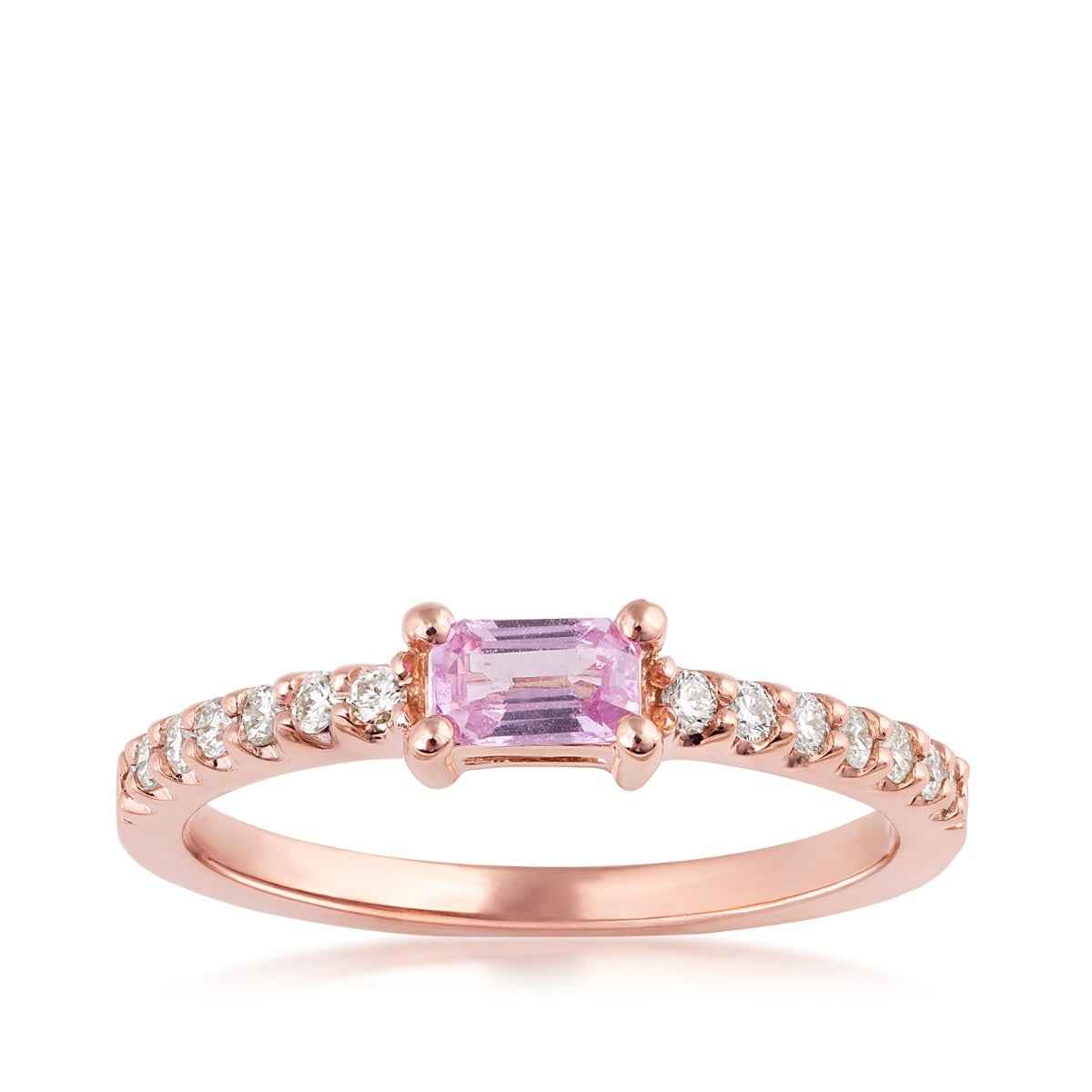 Emerald Cut Pink Sapphire & 1/6 ct. tw. Diamond Stackable Ring in 14K Pink Gold