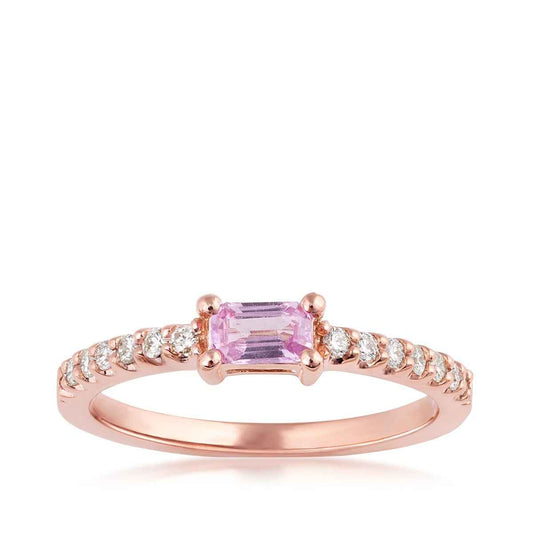 Emerald Cut Pink Sapphire & 1/6 ct. tw. Diamond Stackable Ring in 14K Pink Gold