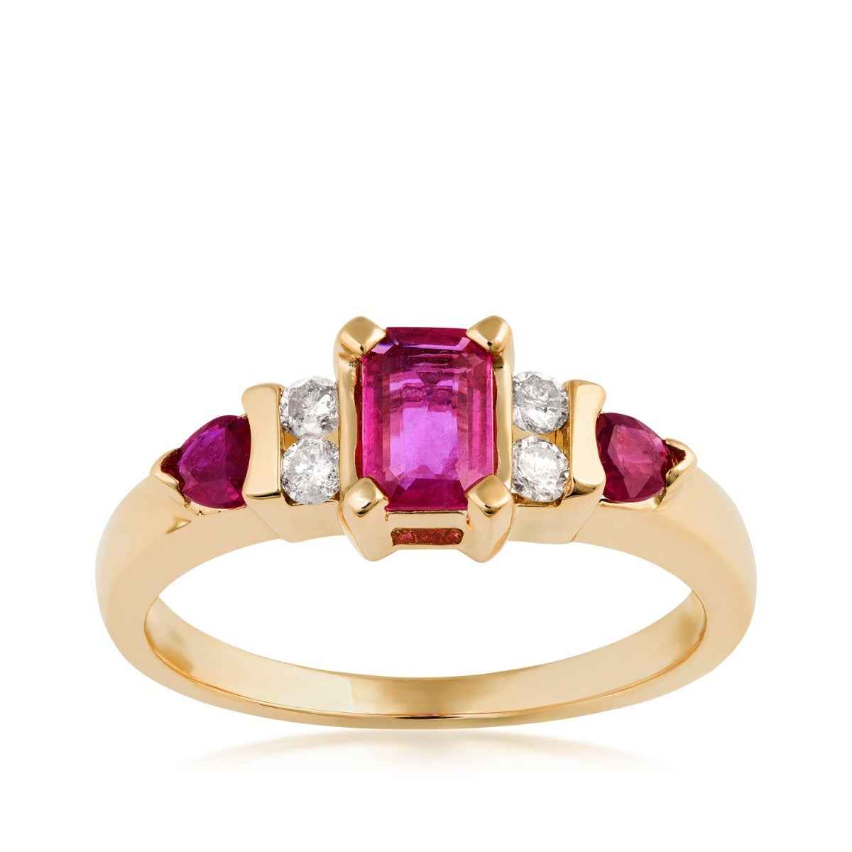 Emerald Cut & Round Ruby & 1/7 ct. tw. Diamond Ring in 14K Pink Gold