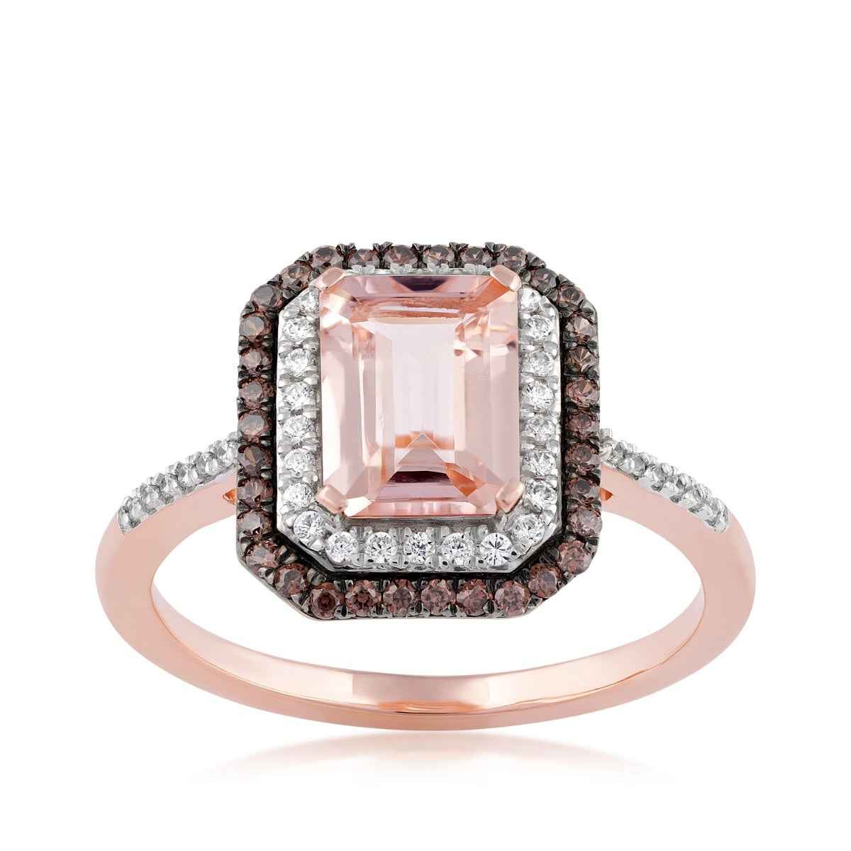 Impulse Collection Radiant Cut Morganite & 1/3 ct. tw. Mocha & White Diamond Double Halo Ring in 10K Pink Gold (2)