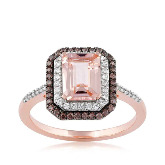Impulse Collection Radiant Cut Morganite & 1/3 ct. tw. Mocha & White Diamond Double Halo Ring in 10K Pink Gold (2)