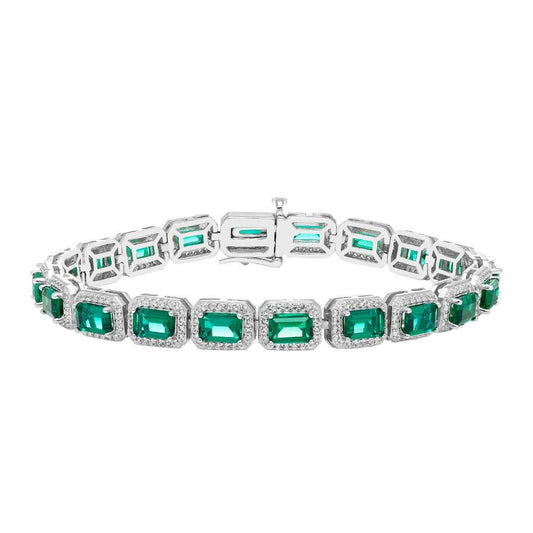 Created Emerald Cut Emerald & White Sapphire Halo Bracelet in Sterling Silver