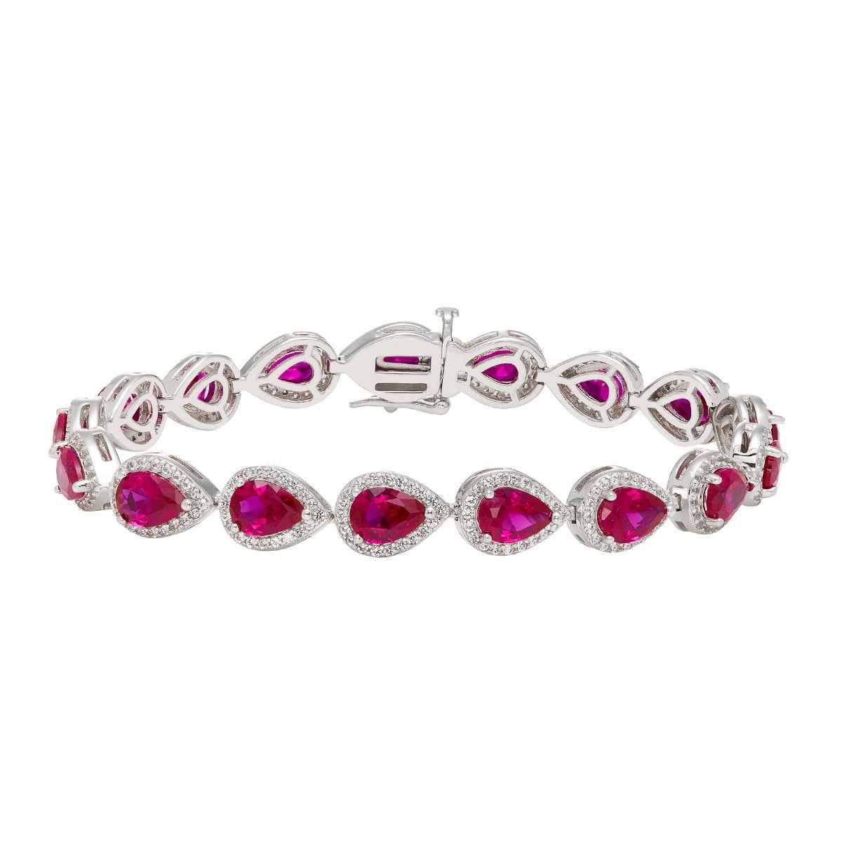Created Pear Ruby & White Sapphire Halo Bracelet in Sterling Silver