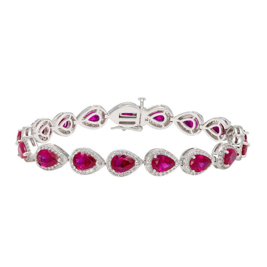 Created Pear Ruby & White Sapphire Halo Bracelet in Sterling Silver