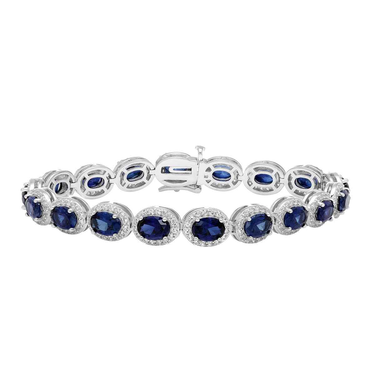 Created Oval Blue & White Sapphire Halo Bracelet in Sterling Silver