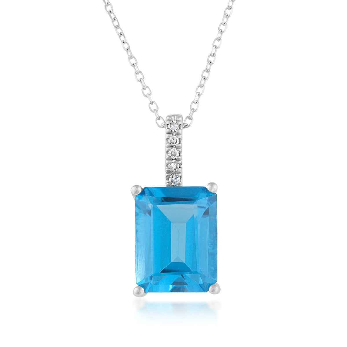 Emerald Cut Blue Topaz & Diamond Accent Pendant in 10K White Gold