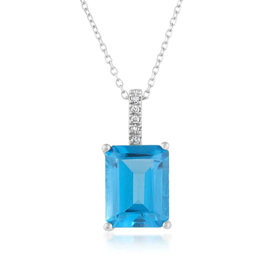 Emerald Cut Blue Topaz & Diamond Accent Pendant in 10K White Gold