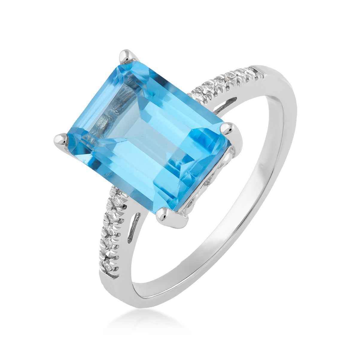Emerald Cut Blue Topaz & Diamond Accent Ring in 10K White Gold front view