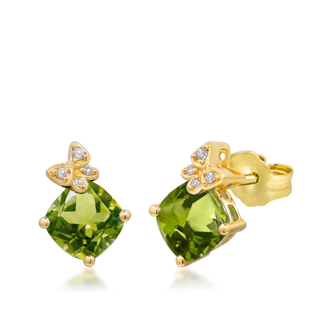 Cushion Peridot & Diamond Accent Butterfly Earrings in 10K Yellow Gold