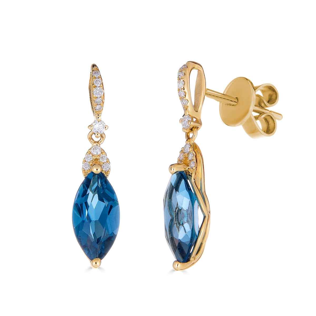 Marquise London Blue Topaz & 1/10 ct. tw. Diamond Dangle Earrings in 10K Yellow Gold