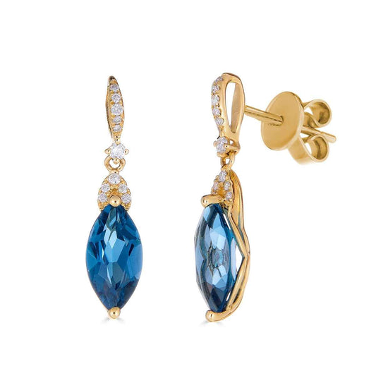 Marquise London Blue Topaz & 1/10 ct. tw. Diamond Dangle Earrings in 10K Yellow Gold