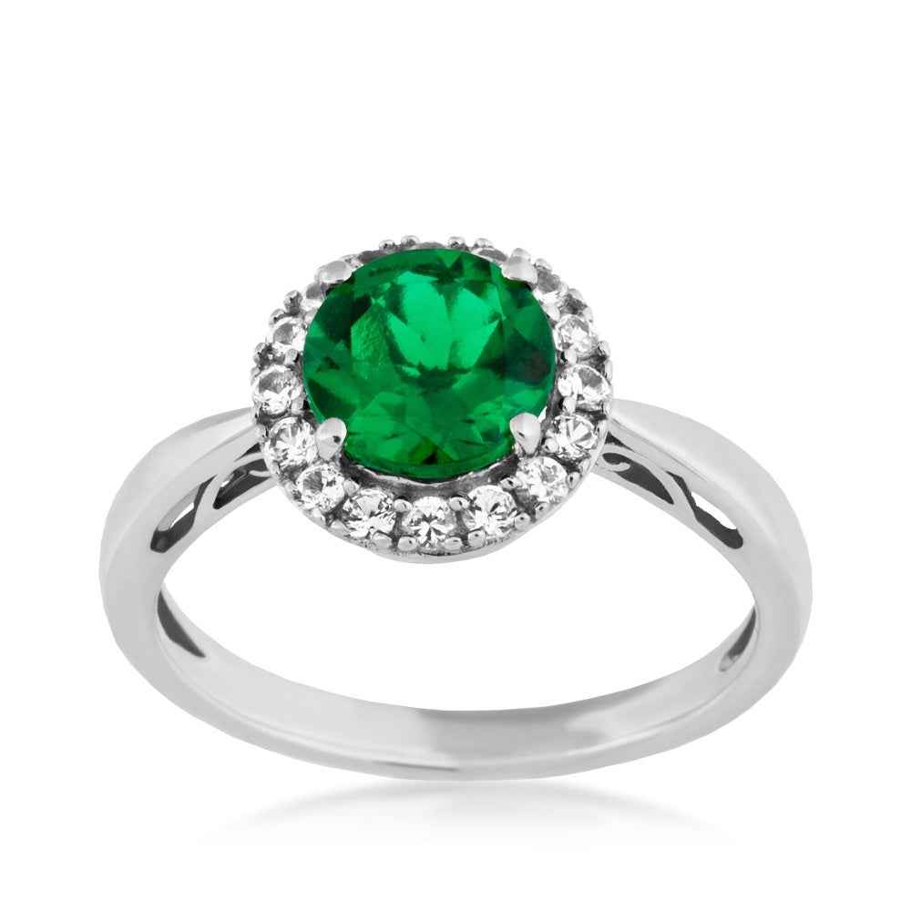 Created Round Emerald & Created White Sapphire Halo Ring in Sterling Silver