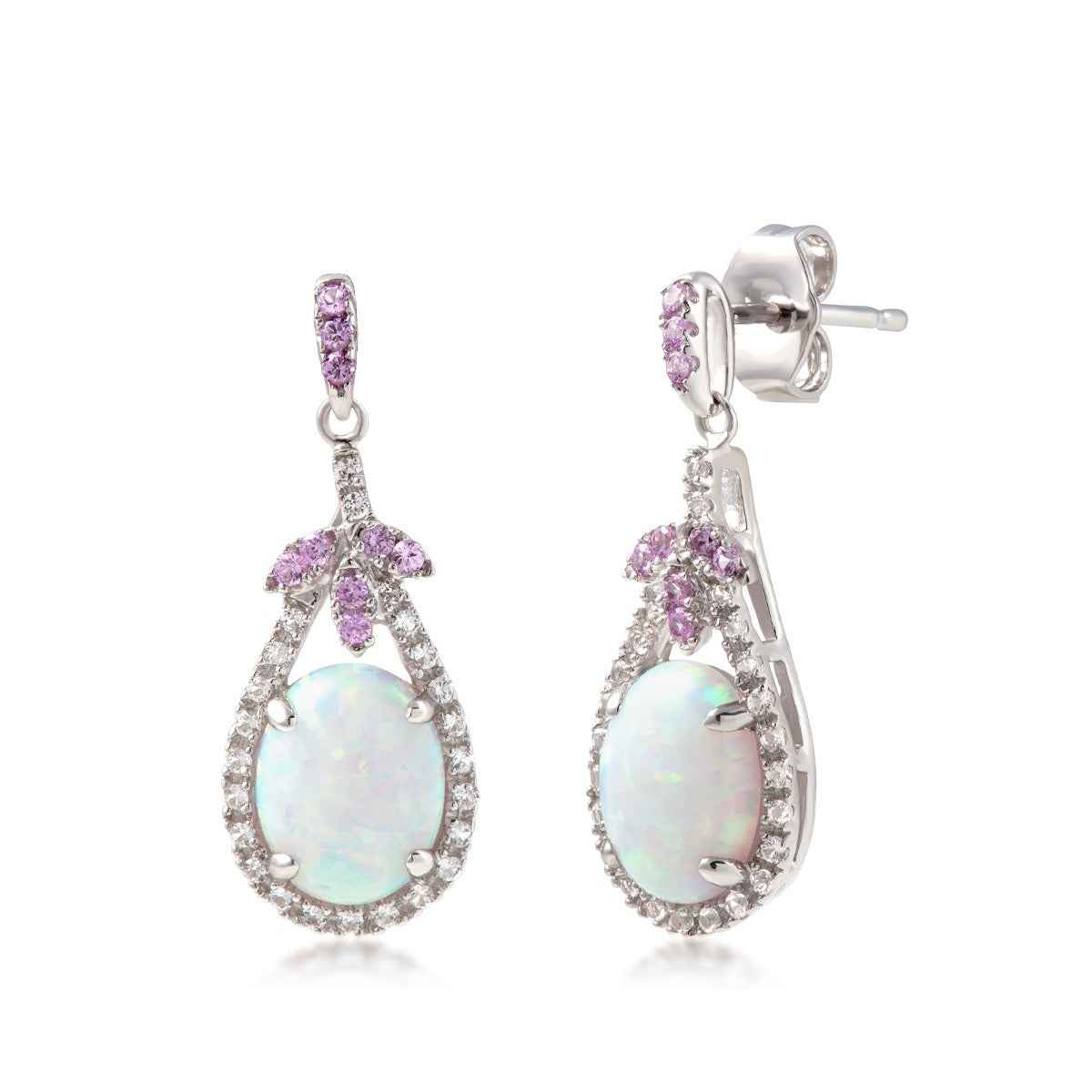 Created Oval Opal & Created White & Pink Sapphire Dangle Earrings in Sterling Silver