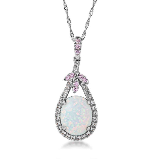 Created Oval Opal & Created White & Pink Sapphire Pendant in Sterling Silver