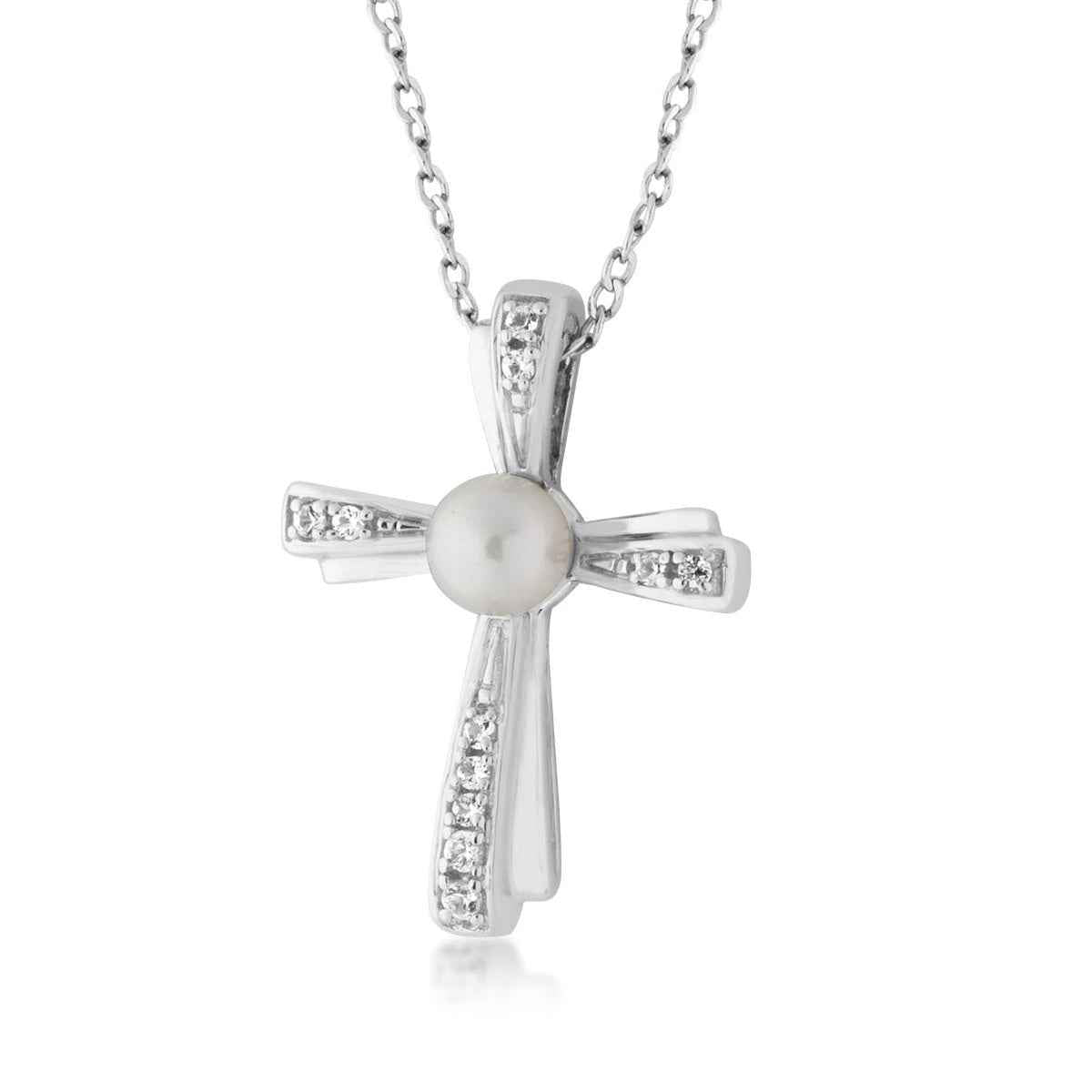 Created Pearl & Created White Sapphire Cross Pendant in Sterling Silver