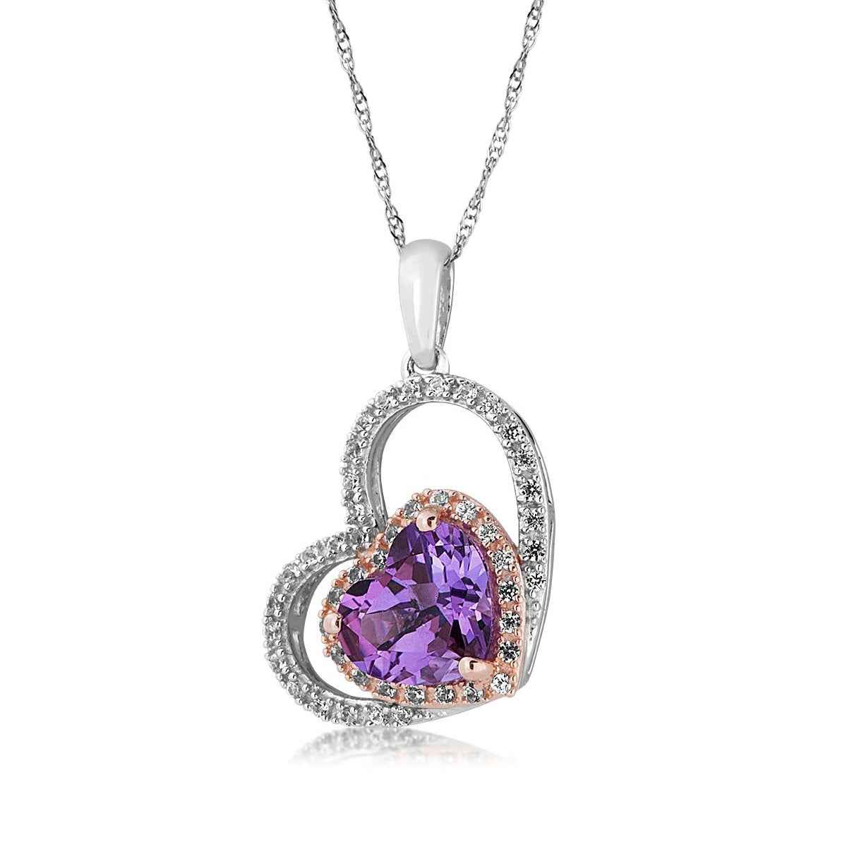 Heart Amethyst & White Topaz Halo Pendant in Sterling Silver & Pink Gold Plating