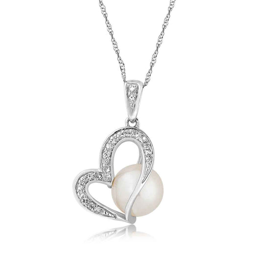 Created Pearl & White Sapphire Heart Pendant in Sterling Silver