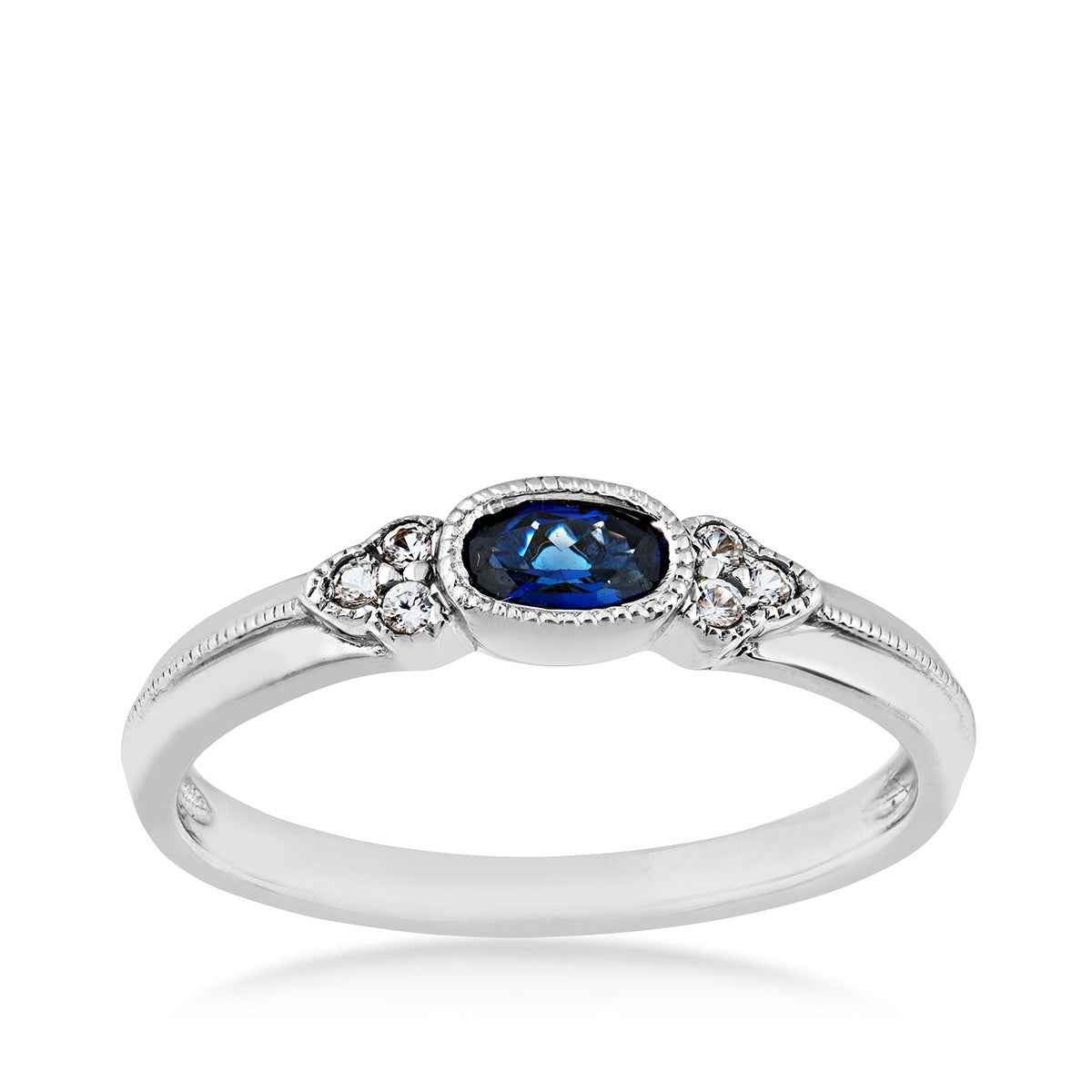 Created Oval Blue Sapphire & Created White Sapphire Milgrain Halo Stackable Ring in Sterling Silver