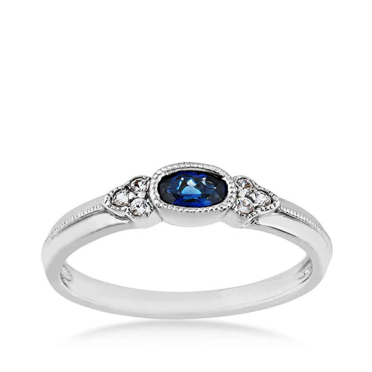 Created Oval Blue Sapphire & Created White Sapphire Milgrain Halo Stackable Ring in Sterling Silver