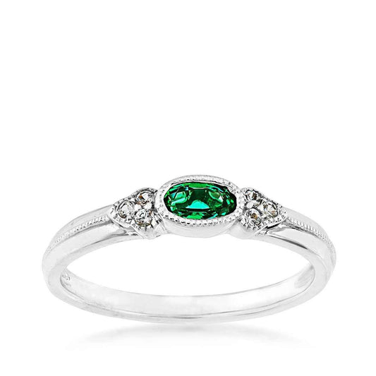 Created Oval Emerald & White Sapphire Milgrain Halo Stackable Ring in Sterling Silver