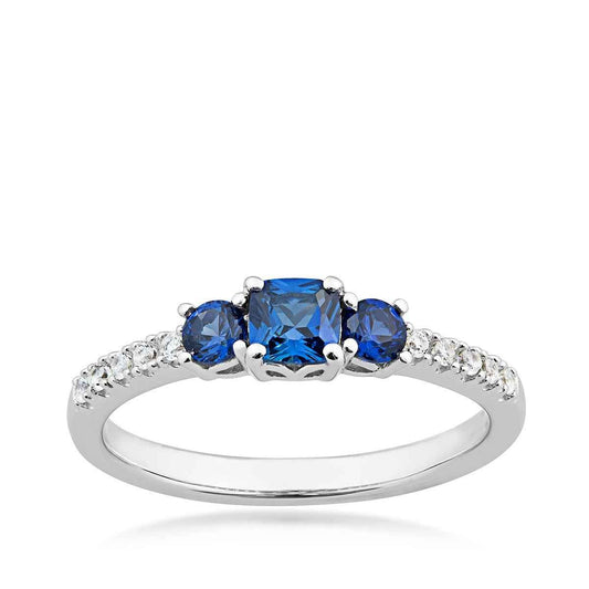 Created Cushion Blue & White Sapphire 3-Stone Stackable Ring in Sterling Silver