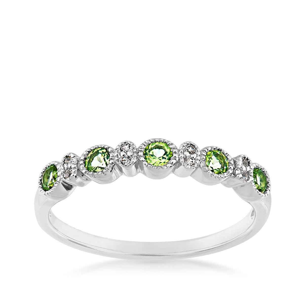 Genuine Round Peridot & Created Round White Sapphire Milgrain Halo Stackable Ring in Sterling Silver