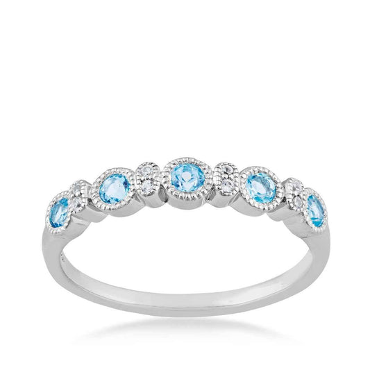 Swiss Blue Topaz & Created White Sapphire Milgrain Stackable Ring in Sterling Silver