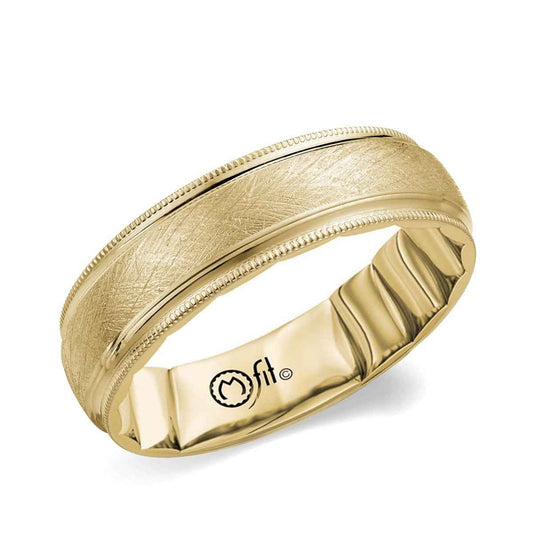 MFIT Men's 6mm Brushed Center Textured Edge Wedding Ring in 10K Yellow Gold front view