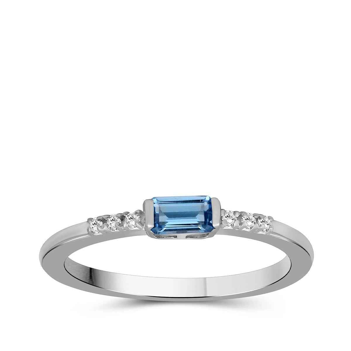 Created Emerald Cut Swiss Blue Topaz & Lab-Grown Diamond Accent Stackable Ring in Sterling Silver