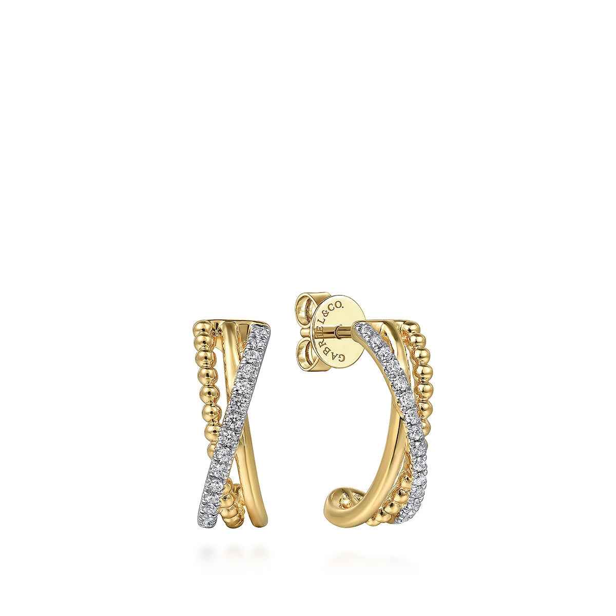Gabriel & Co. 1/7 ct. tw. Diamond Bujukan J Hoop Earrings in 14K Yellow Gold