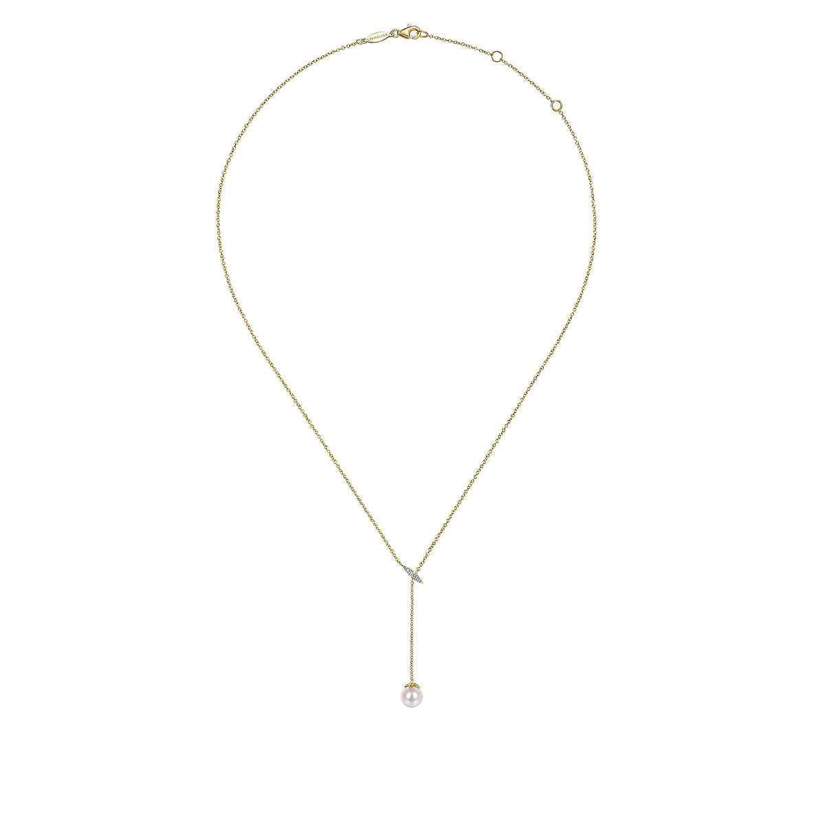 Gabriel & Co. Diamond Accent & Cultured Pearl Y Necklace in 14K Yellow Gold front view