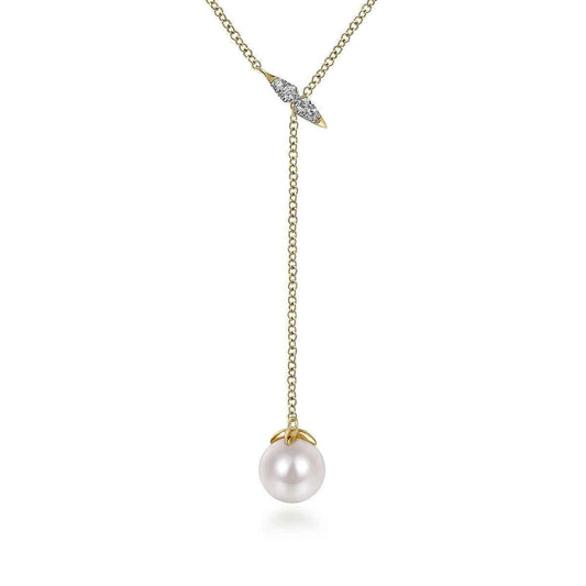 Gabriel & Co. Diamond Accent & Cultured Pearl Y Necklace in 14K Yellow Gold