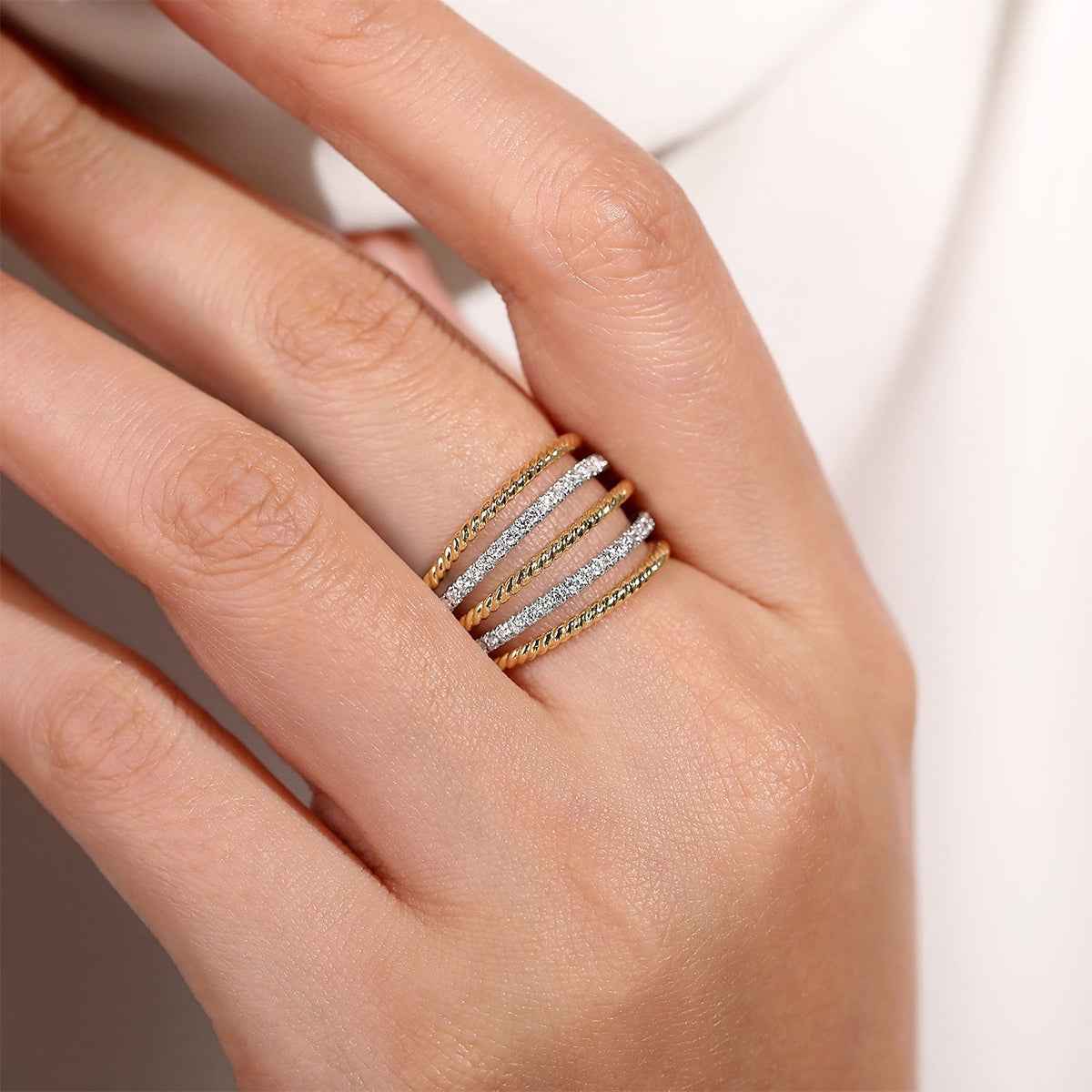 Gabriel & Co. 3/8 ct. tw. Diamond Bujukan Multi-Row Ring in 14K Yellow Gold close-up detail